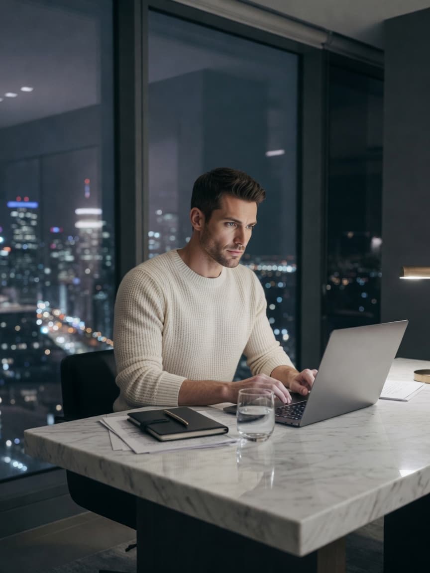 Man working on a laptop in a penthouse office at night