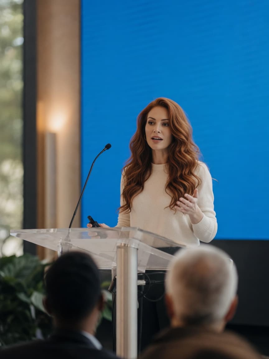 Woman speaking at a conference podium