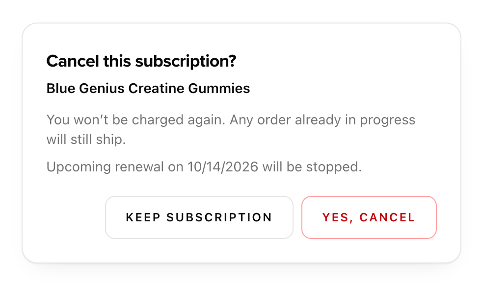 Actual cancellation dialog showing the product, upcoming renewal notice, Keep subscription, and Yes, cancel buttons.