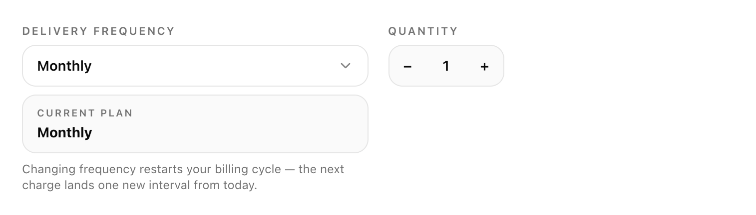 Actual delivery frequency selector, current plan, billing-cycle notice, and minus/plus quantity controls.
