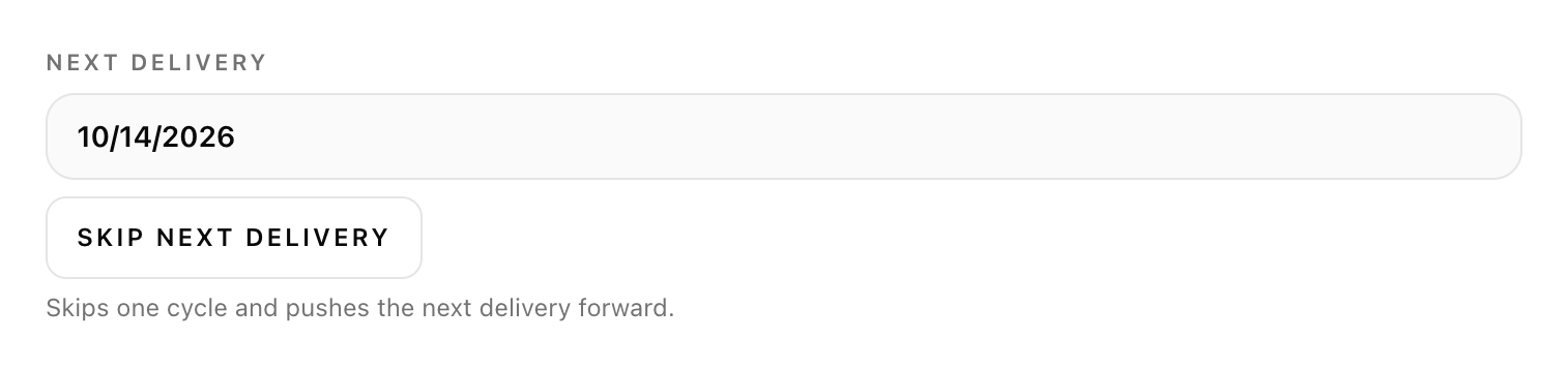 Actual account controls: the Next delivery date with the Skip next delivery button below it.